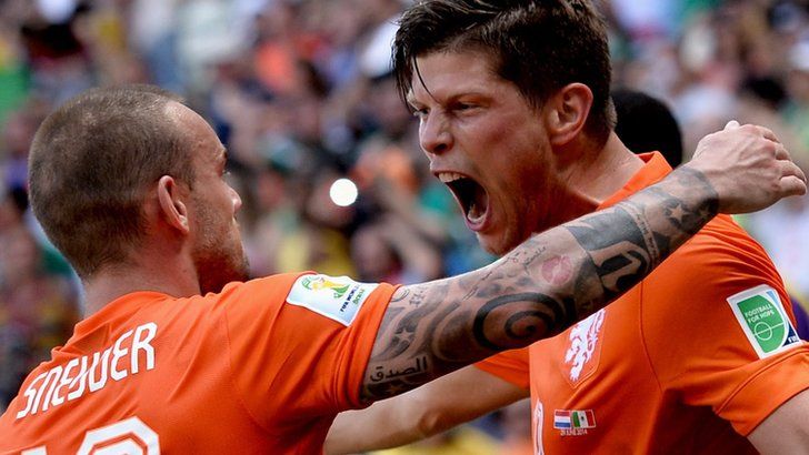 Klaas Jan Huntelaar celebrates with Netherlands team-mate Wesley Sneijder