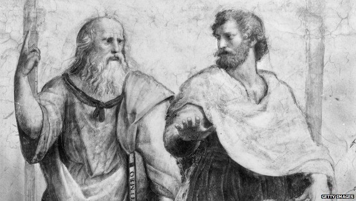 Greek philosopher Plato Aristocles (427 - 347 BC) with the philosopher and scientist Aristotle (384 - 322 BC)