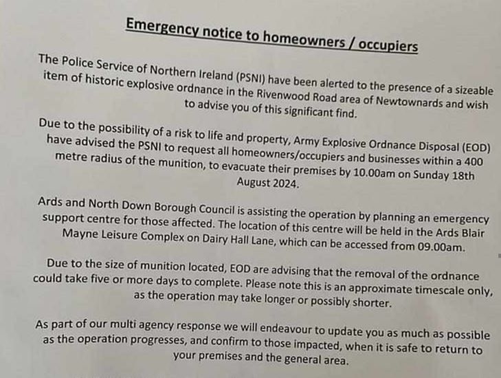 Written notice being handed to residents which is titled: "Emergency notice to homeowners/occupiers