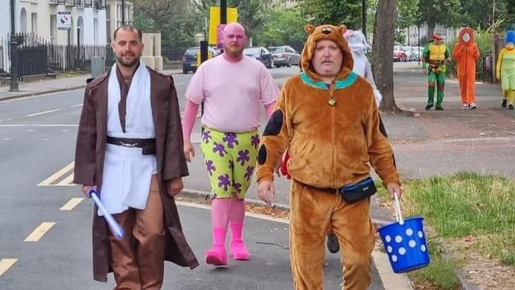 Ian Guy dressed as Scooby-Doo, with two others, dressed as a jedi and Patrick from Spongebob