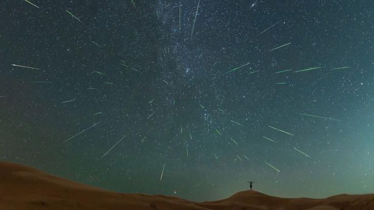 A figure stands on a stand dune at night as a long exposure photograph captures dozens of meteors streaking across the night sky sky.