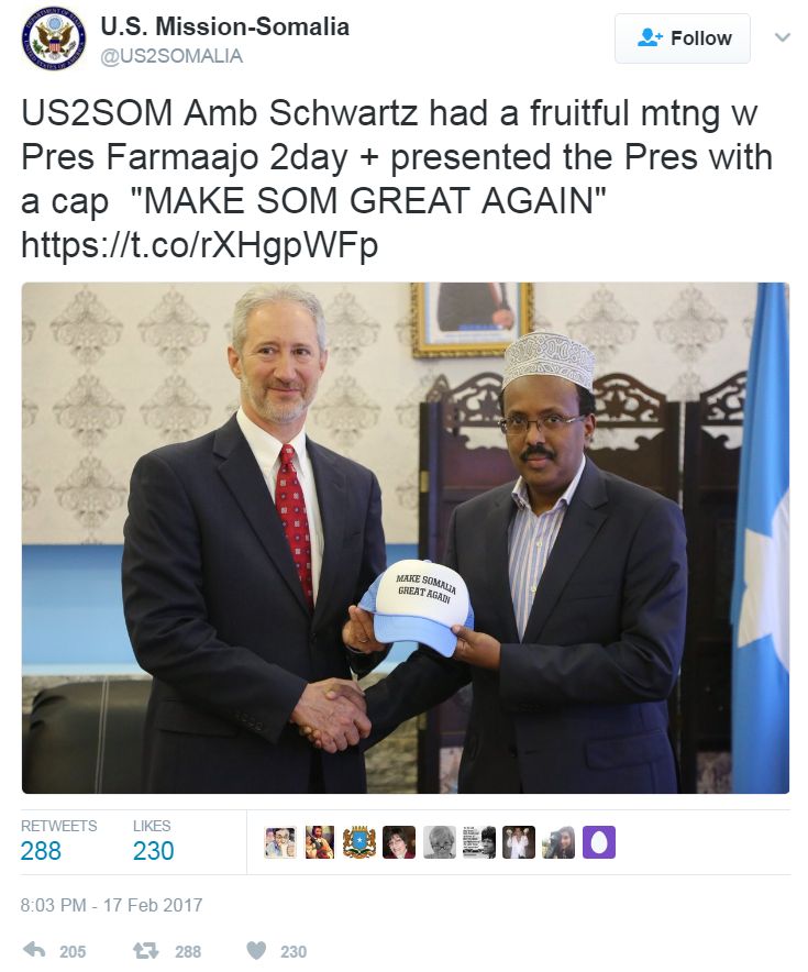 Screengrab of tweet by the US Mission to Somalia