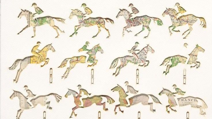 A card artwork with cut-out silhouettes of people riding horses which are jumping over hurdles. This represents equestrianism and the figures have newspaper cuttings behind them in the background.