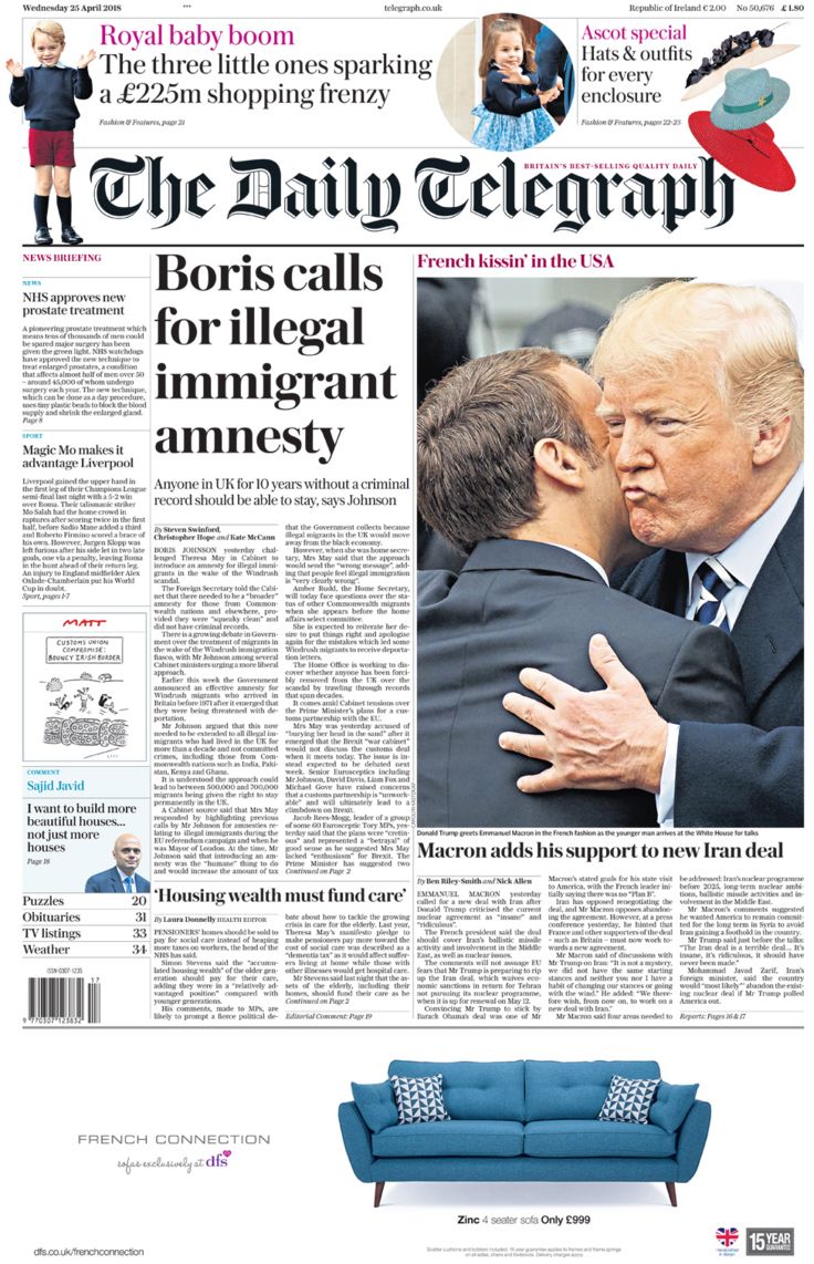 Daily Telegraph front page - 25/04/18