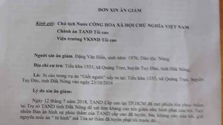 Đơn xin ân giảm của Đặng Văn Hiến mà luật sư Nguyễn Kiều Hưng công bố trên Facebook