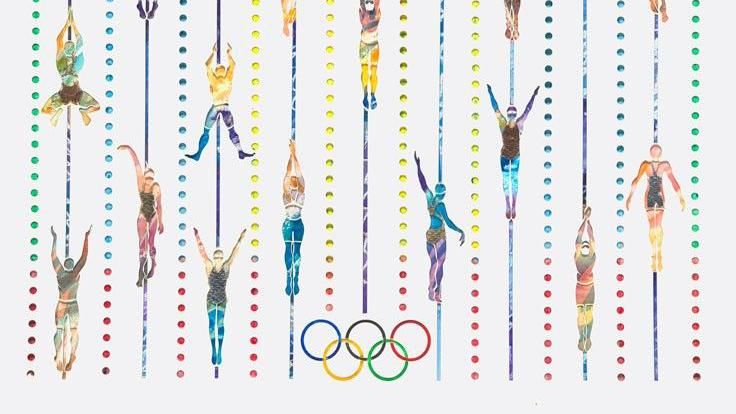 A card artwork with cut-out silhouettes of swimmers and multi-coloured backgrounds behind them and multi-coloured lanes. The Olympic rings are also visible at the bottom of the artwork.