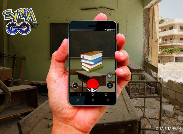 School book symbol onscreen of Syria Go game mock up in middle of bombed out classroom