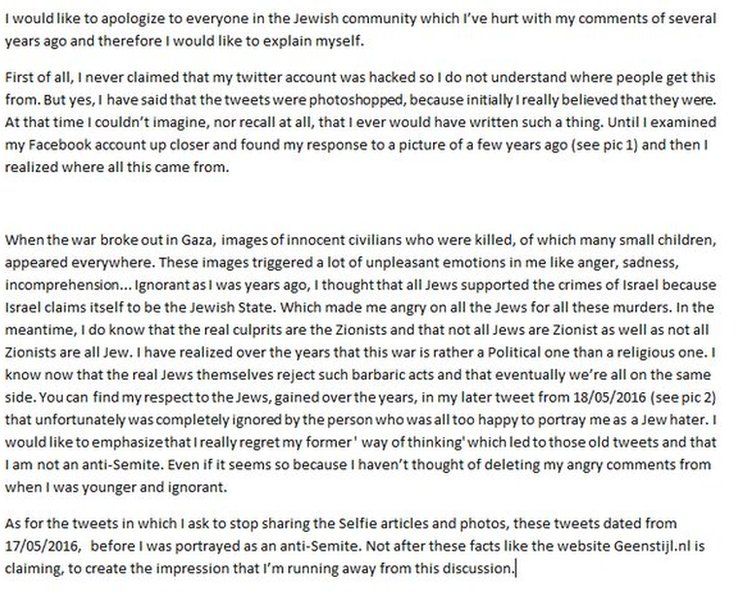 Statement apologising to the Jewish community.