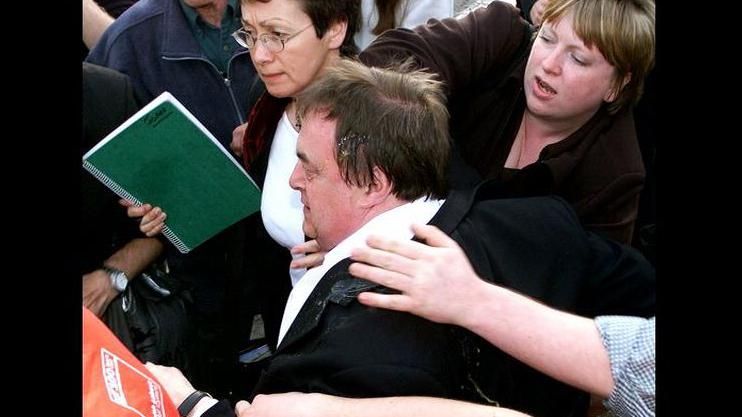 John Prescott covered in egg after being attacked during a visit to the North Wales seaside resort of Rhyl in May, 2001 