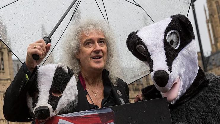 Queen guitarist and wildlife campaigner Sir Brian May poses with people dressed as Badgers during a protest in London in 2016 organised to 'urge' the then government to abandon their planned badger cull