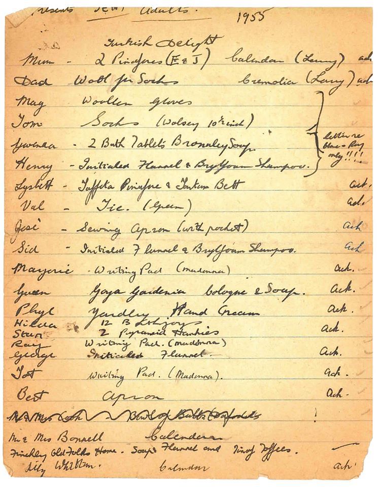 Handwritten Christmas list from 1955 showing presents sent to adults and children