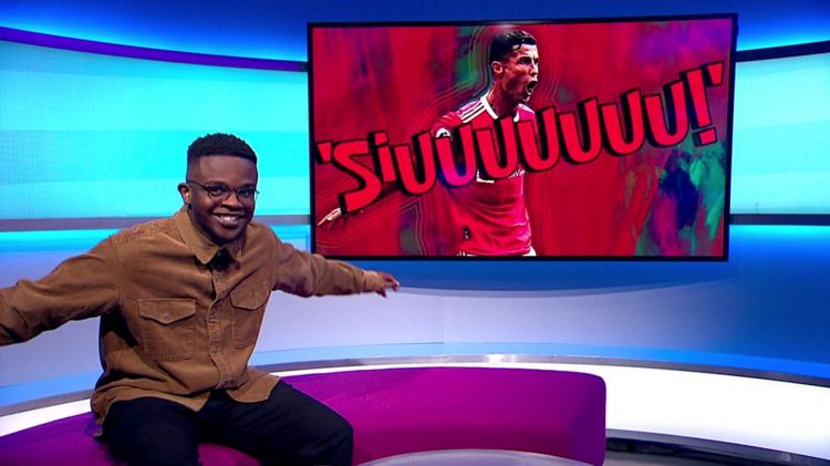 De-Graft on the Newsround sofa with a picture of Ronaldo