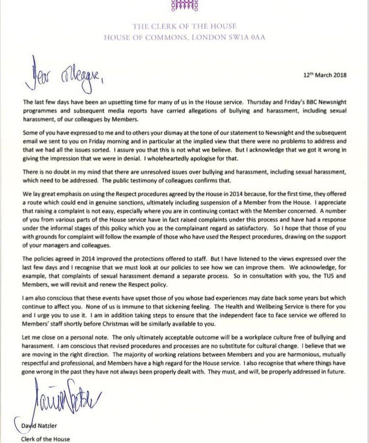 Letter from David Natzler, Clerk of the House of Commons