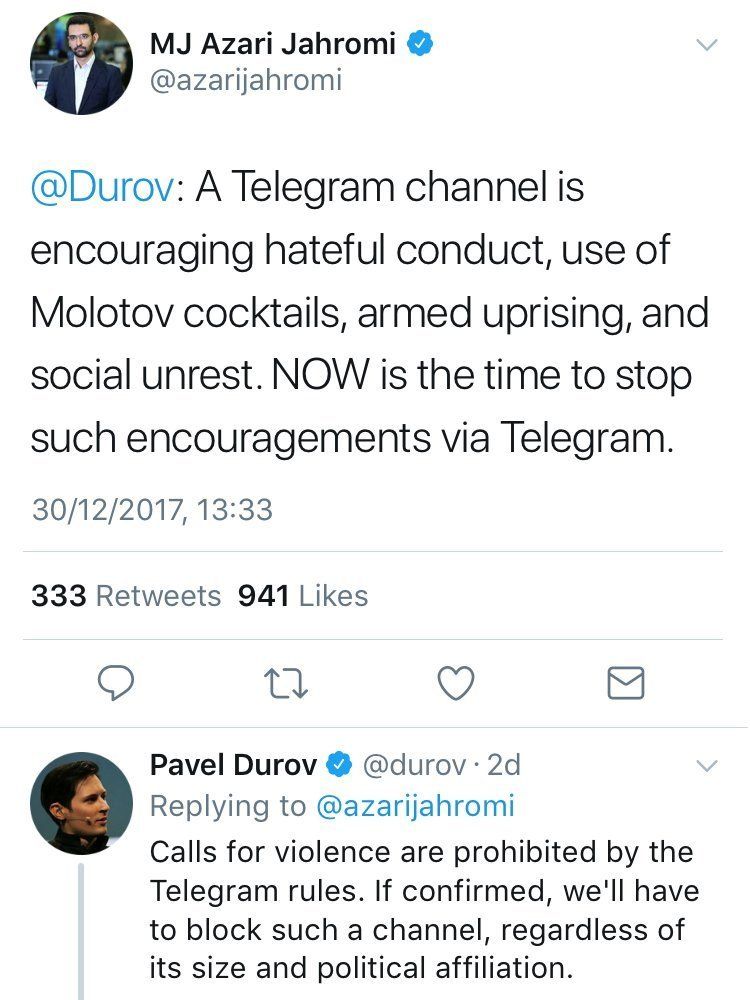 Pavel Durov responds to MK Azari Jahromi on Twitter.