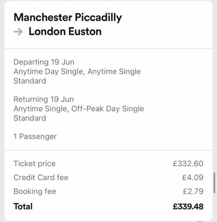 Train ticket showing £339.48 price tag for a Manchester to London ticket