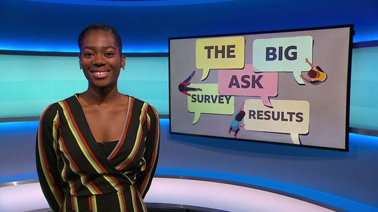 Shanequa on the Newsround set with a picture of some graphic of words
