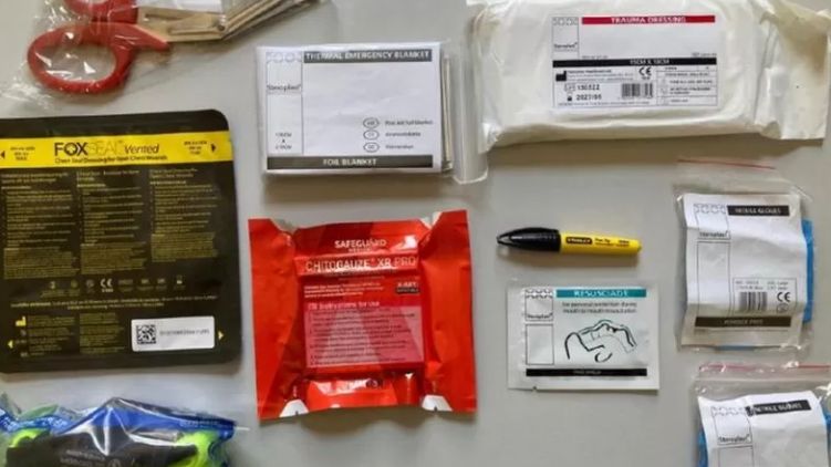 The first aid equipment inside a bleed kit