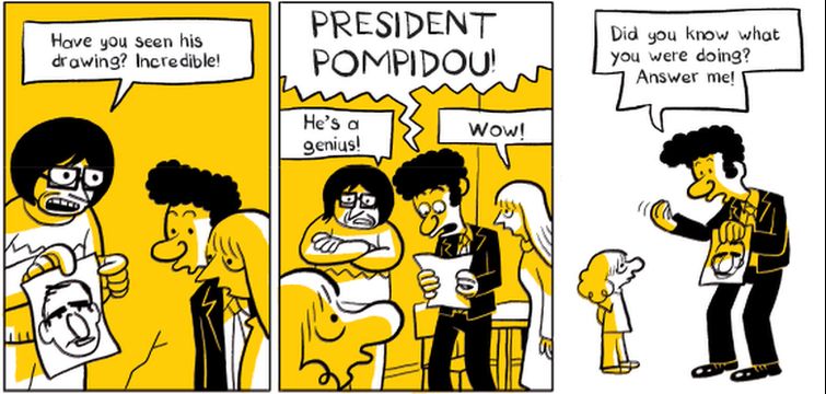 Panel from Riad Sattouf's The Arab Future in which his family react to his drawing of President Pompidou
