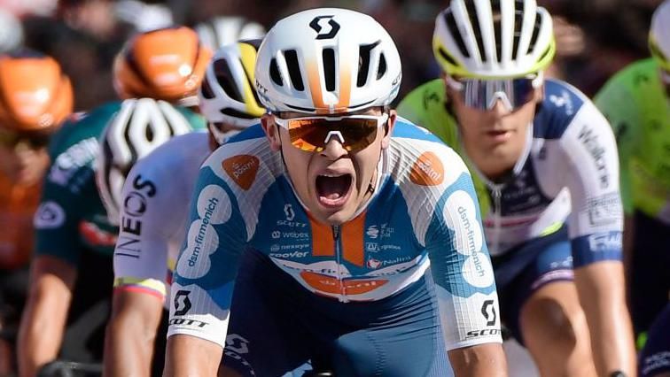 Czech cyclist Pavel Bittner reacts after winning stage five of the 2024 Vuelta a Espana