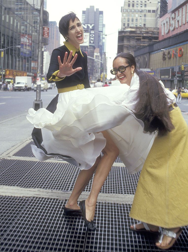 Isabel Toledo with the model Dovanna Pagowska at a photo shoot in Times Square, New York City, in 1987