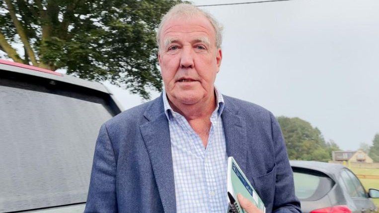 Jeremy Clarkson at the Memorial Hall in Chadlington, where he held a meeting with local residents over concerns about his Oxfordshire farm shop