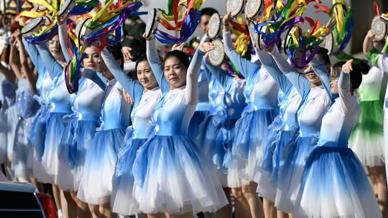 Dancers perform as they welcome Zimbabwean President Emmerson Mnangagwa on 2 September 2024 at Beijing Capital International Airport