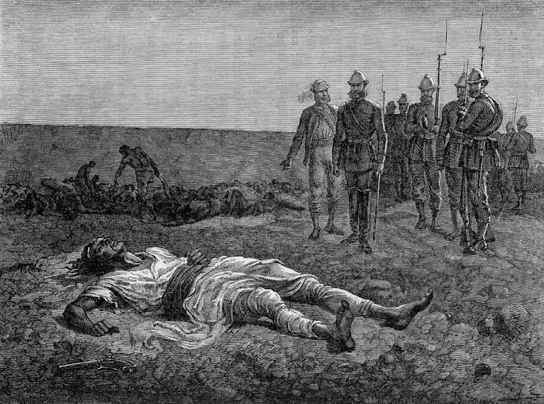 A 19th century engraving of the body of Ethiopia's Emperor Tewodros II, discovered by British troops after the battle