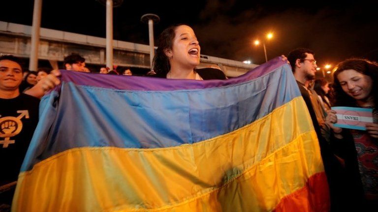 People celebrate after the Inter-American Court of Human Rights called on Costa Rica and Latin America to recognize equal marriage, in San Jose, Costa Rica, January 9, 2018.
