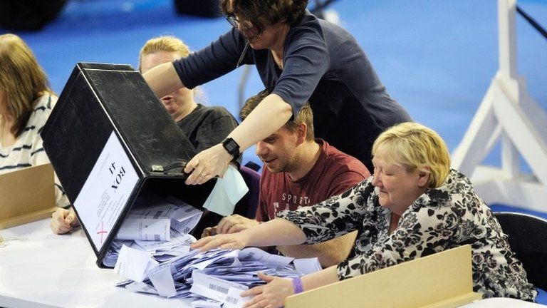 Staff members empty a ballot box a counting centre in Glasgow
