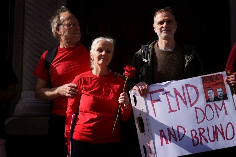 The family of Dom Phillips, (l-r) Paul Sherwood, Sian Phillips and Gareth Phillips, take part in a vigil outside the Brazilian Embassy in London for Phillips, a British journalist, and Bruno Araujo Pereira, an Indigenous affairs official, who are missing in the Amazon. Picture date: Thursday June 9, 2022. PA