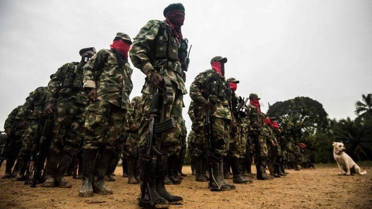 This file photo taken on November 21, 2017 shows Members of the "Omar Gomez" Western War Front of the National Liberation Army (ELN) guerrilla lining up in their camp on the banks of the San Juan River, Choco department, Colombia.