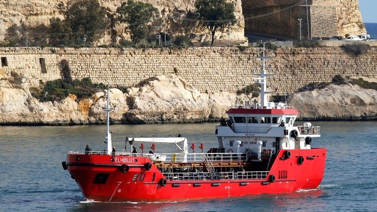 The merchant ship Elhiblu 1 arrives in Senglea in Valletta's Grand Harbour, Malta
