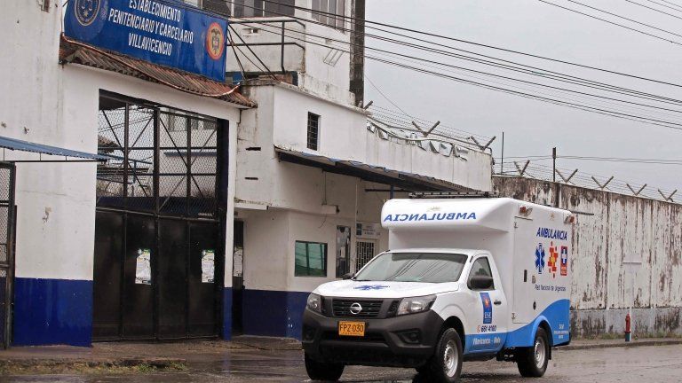 An ambulance is seen outside the Villavicencio prison on May 8, 2020.