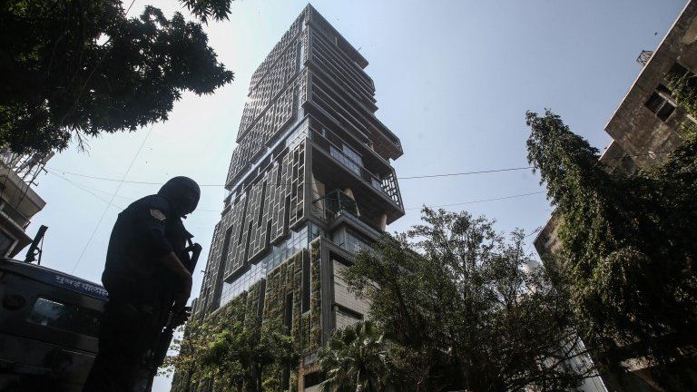 Security personnel stands guard outside Antilia, a multi-storey residence building of Indian industrialist Mukesh Ambani, in Mumbai, India, 26 February 2021
