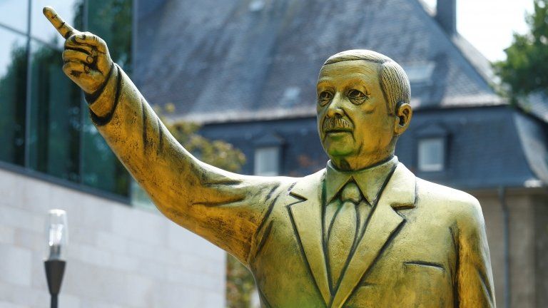 A statue of Turkish President Tayyip Erdogan pictured during the Wiesbaden art biennale