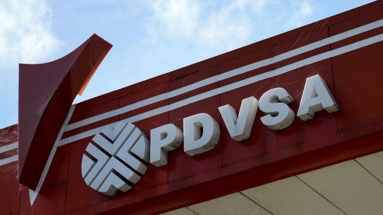The logo of Venezuelan state-owned oil company PDVSA at a gas station in Caracas.