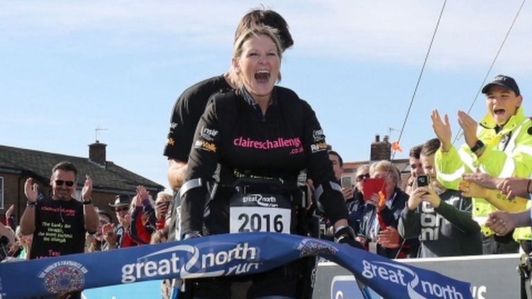 Claire Lomas finishes the Great North Run