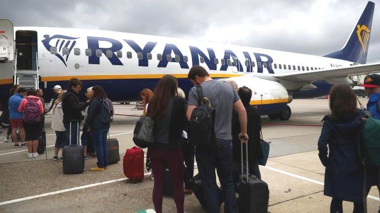 Passengers boarding a Ryanair aeroplane