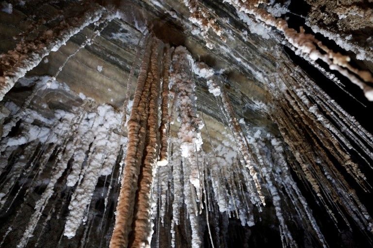 Salt stalactites are seen inside the Malham Cave