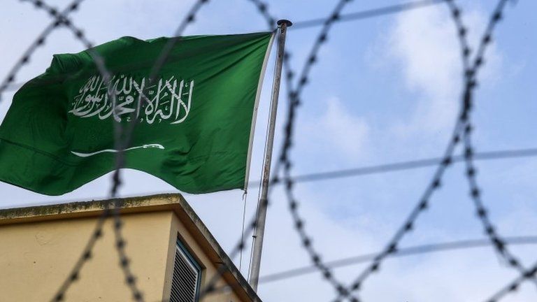 A Saudi flag flies near the Saudi Istanbul consulate