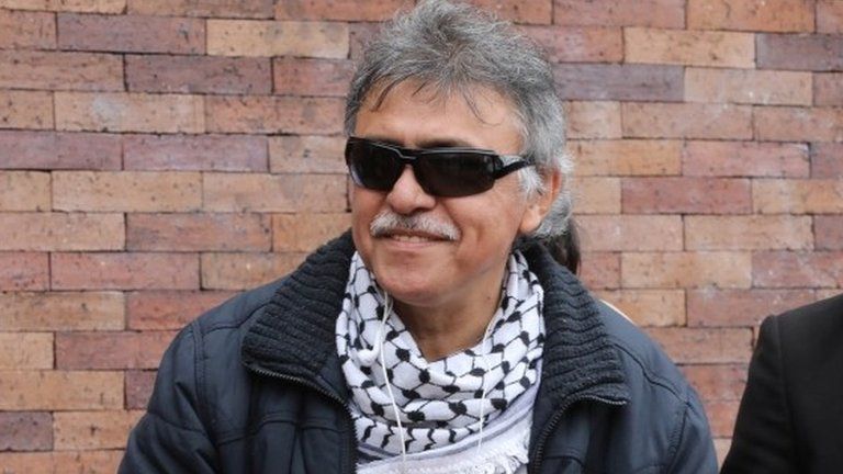 Jesus Santrich arrives for a meeting in Bogota, Colombia, 21 June 2019