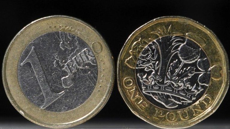 A British one pound sterling coin (R), and a one euro coin,