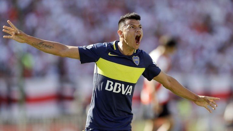 Boca Juniors" Walter Bou celebrates scoring against River Plate during the Argentine soccer derby in Buenos Aires, December 2016