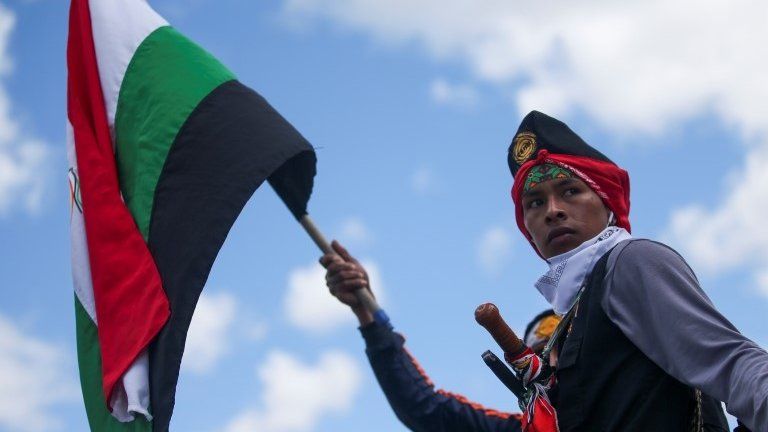 A demonstrator holding a flag takes part in a protest as a national strike continues in Bogota, Colombia December 4, 2019