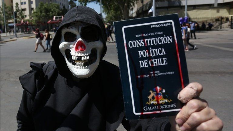 A man with a mask holds a Chilean constitution as demonstrators participate during a march at the Plaza Italia in Santiago, Chile, 18 October 2020.