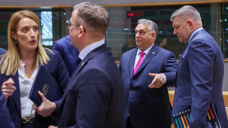 European Parliament President Roberta Metsola, Finnish PM Petter Orpo, Hungarian PM Viktor Orban and Slovakian PM Robert Fico
