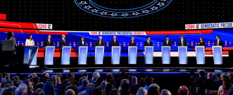 From left to right: Tulsi Gabbard, Tom Steyer, Cory Booker, Kamala Harris, Bernie Sanders, Joe Biden, Elizabeth Warren, Pete Buttigieg, Andrew Yang, Beto O'Rourke, Amy Klobuchar, and Julian Castro participate in the fourth Democratic primary debate in Westerville, Ohio - 15 October 2019