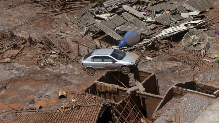 Village of Bento Rodrigues, Brazil, destroyed by the mud from the collapsed dam