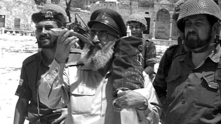 Israeli soldiers with Rabbi Shlomo Goren on the Temple Mount/Haram al-Sharif, 7 June 1967