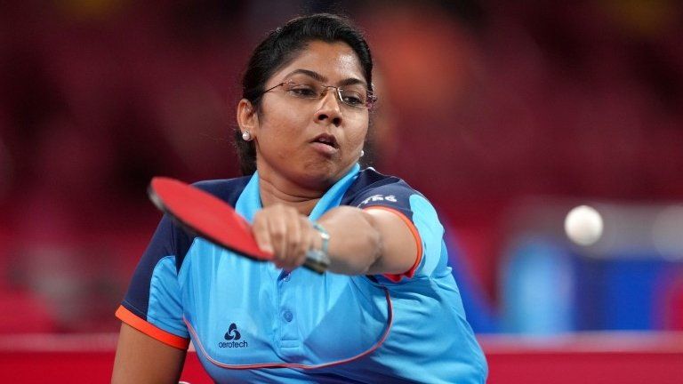 India"s Bhavinaben Hasmukhbhai Patel competes in the Women"s Singles - Class Four Gold medal match at the Tokyo Metropolitan Gymnasium during day five of the Tokyo 2020 Paralympic Games